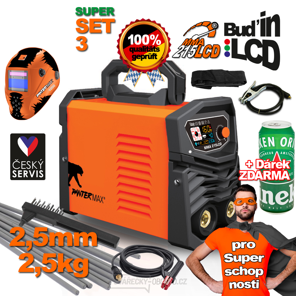 PANTERMAX MMA215LCD Inverter MMA/TIG Schweißer Kabel Pinsel Riemen Elektroden 2.5kg Geschenk